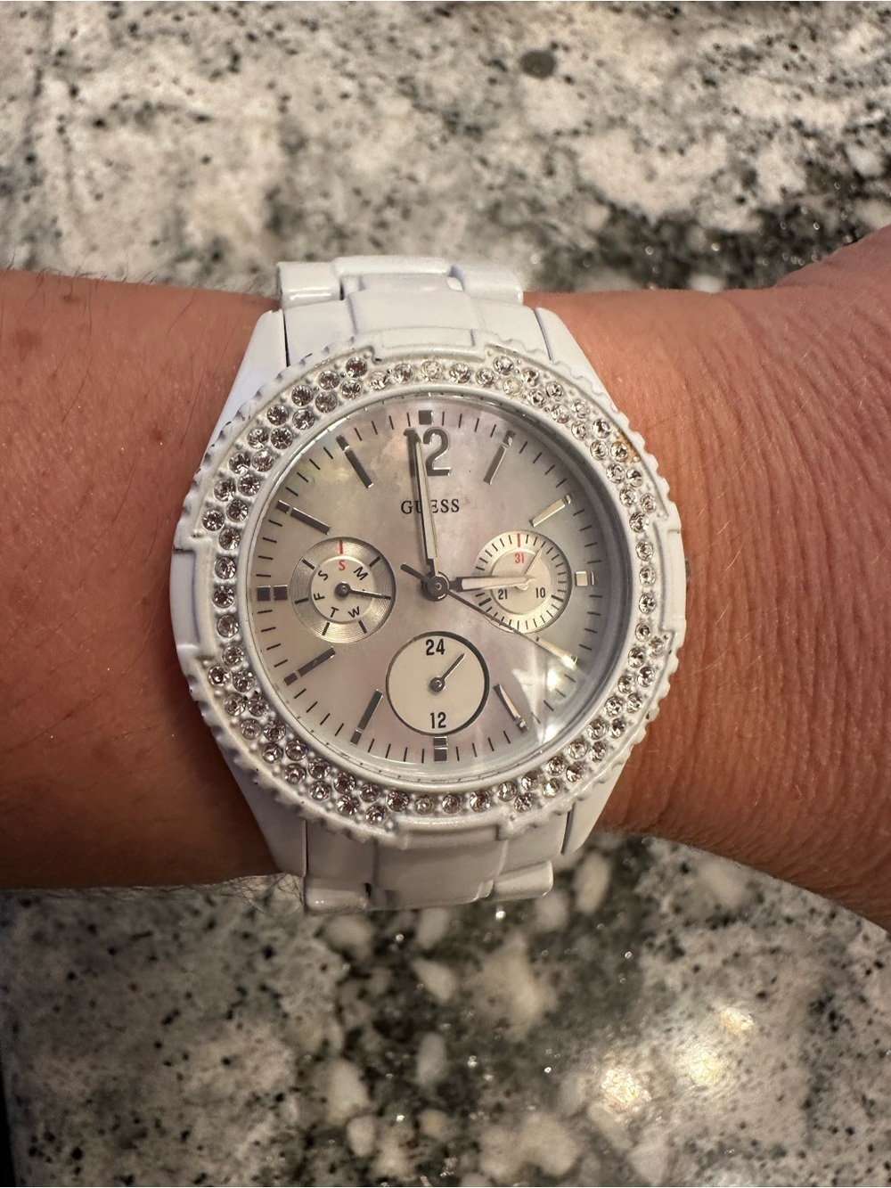 GUESS White Ceramic Crystal Bezel Women's Watch